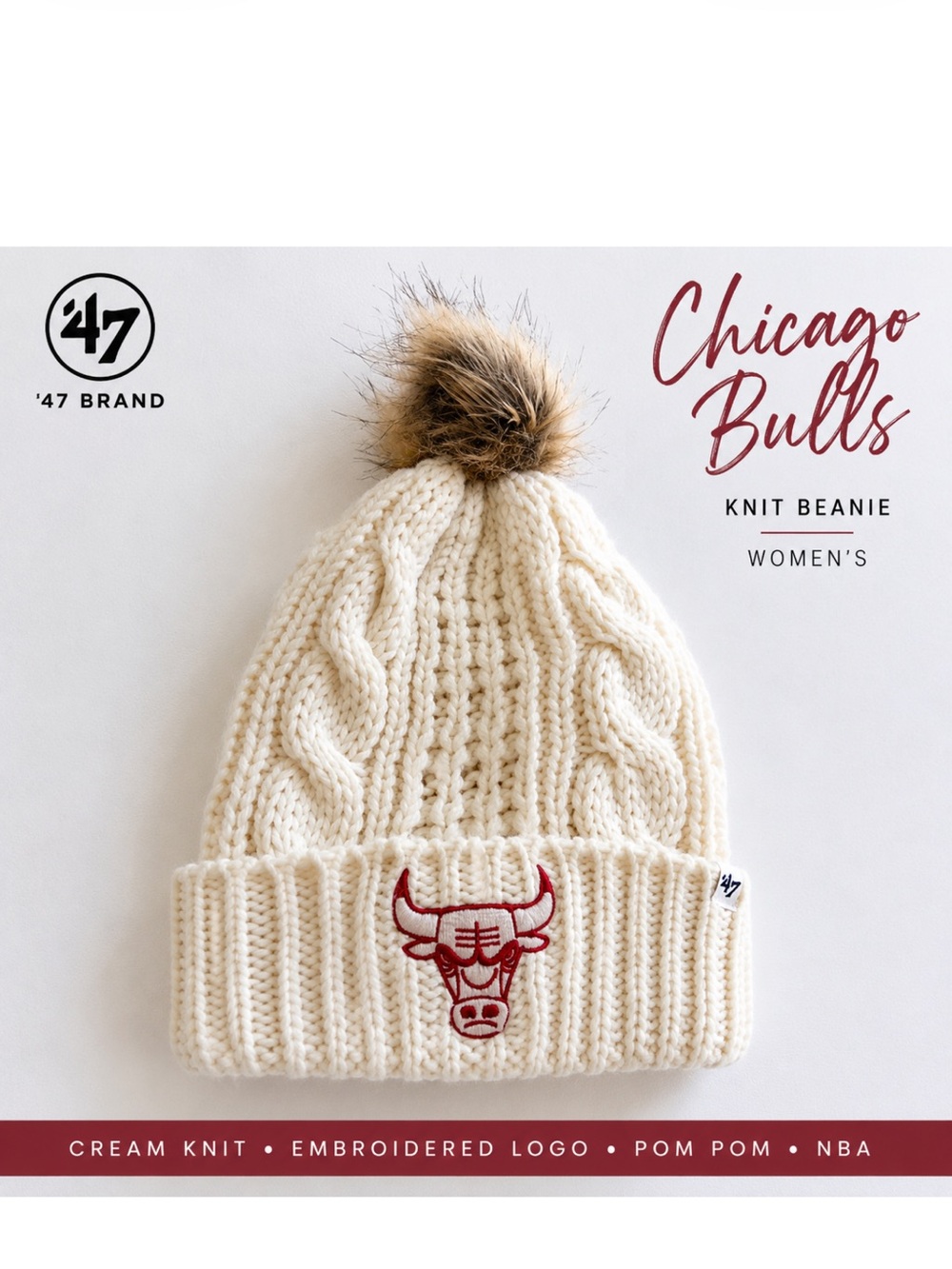 47 Brand Chicago Bulls Cream Cable Knit Pom Pom Beanie Women’s NBA Winter Hat